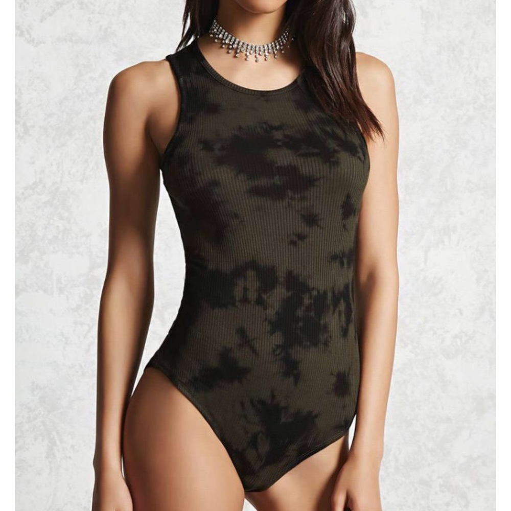Forever 21 Ribbed tie dye bodysuit green